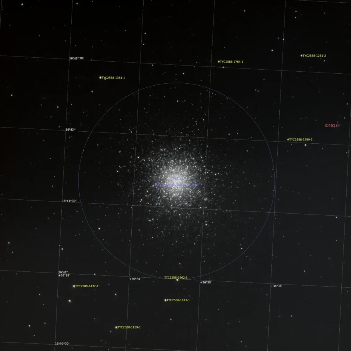 Scroll the slider to switch between the images of Messier 13 and the galaxy IC 4617 (highlighted in red) with and without annotations.